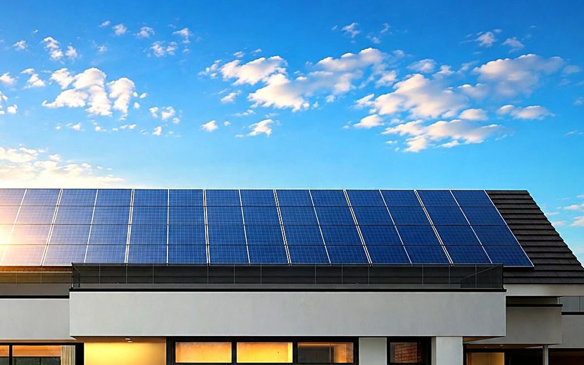 Close view of rooftop solar panels on a modern house