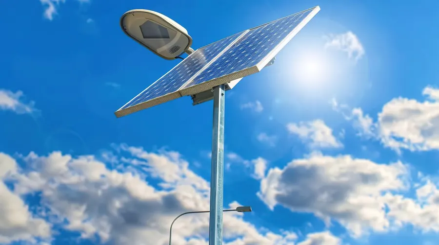 All-in-one solar street light on a pole against a blue sky